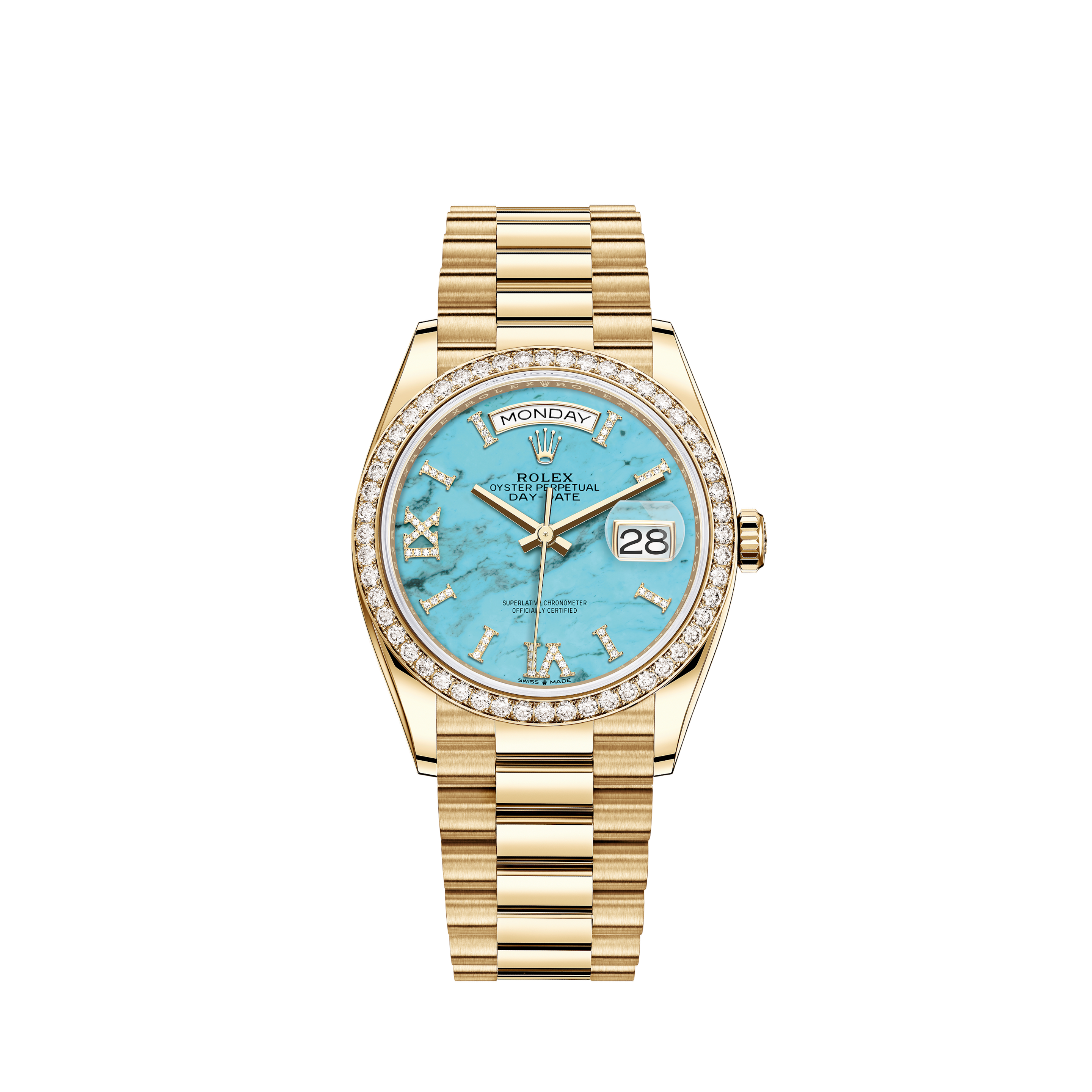 Rolex Blue Pearl Baguette 36mm Datejust SS & 18K Gold Bezel w Diamond ShouldersRolex Blue Pearl Baguette 36mm Datejust SS Diamond & Emerald Bezel