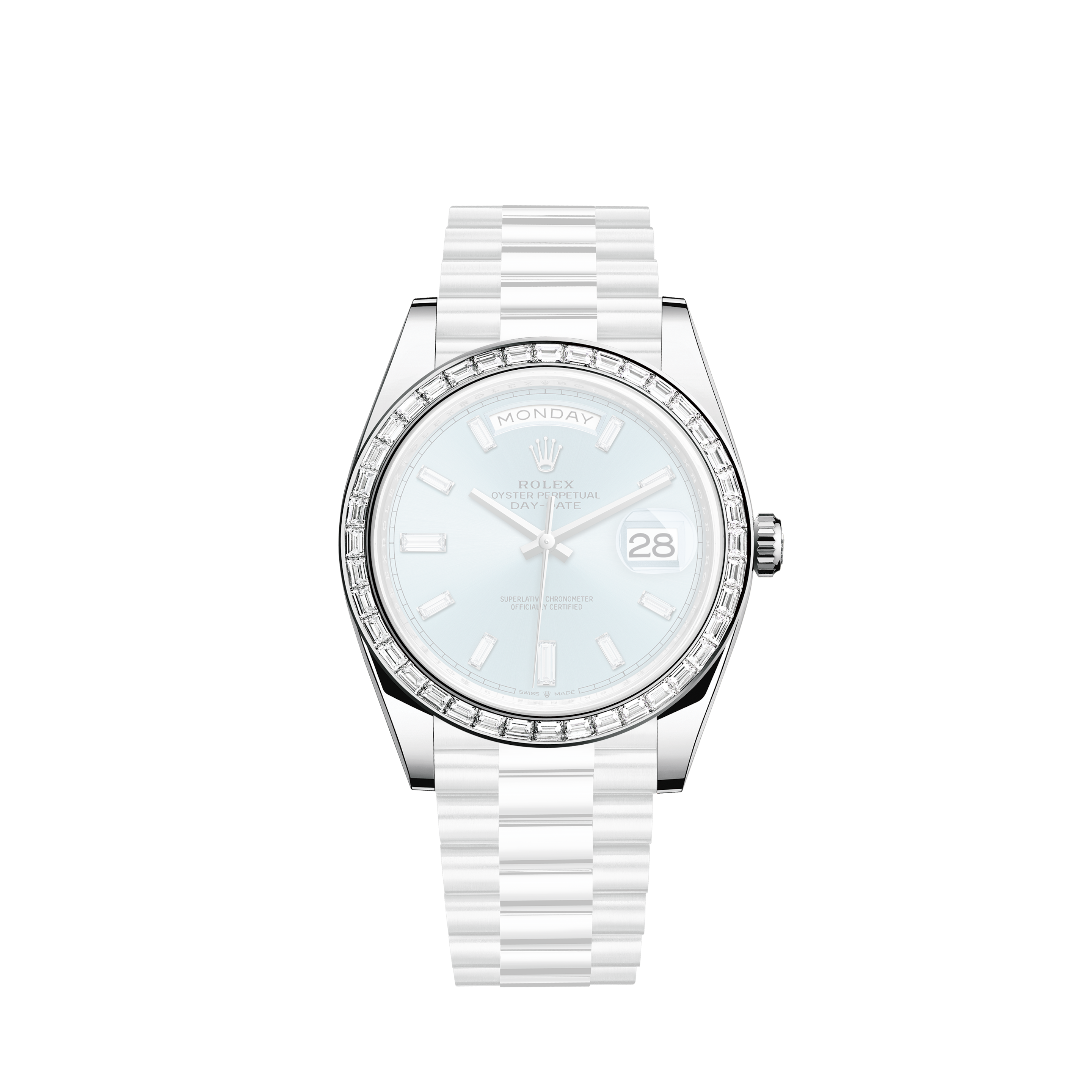 Rolex 31mm Presidential 18kt Gold Baby Blue MOP Mother Of Pearl Diamond Dial Flutted Bezel 68278