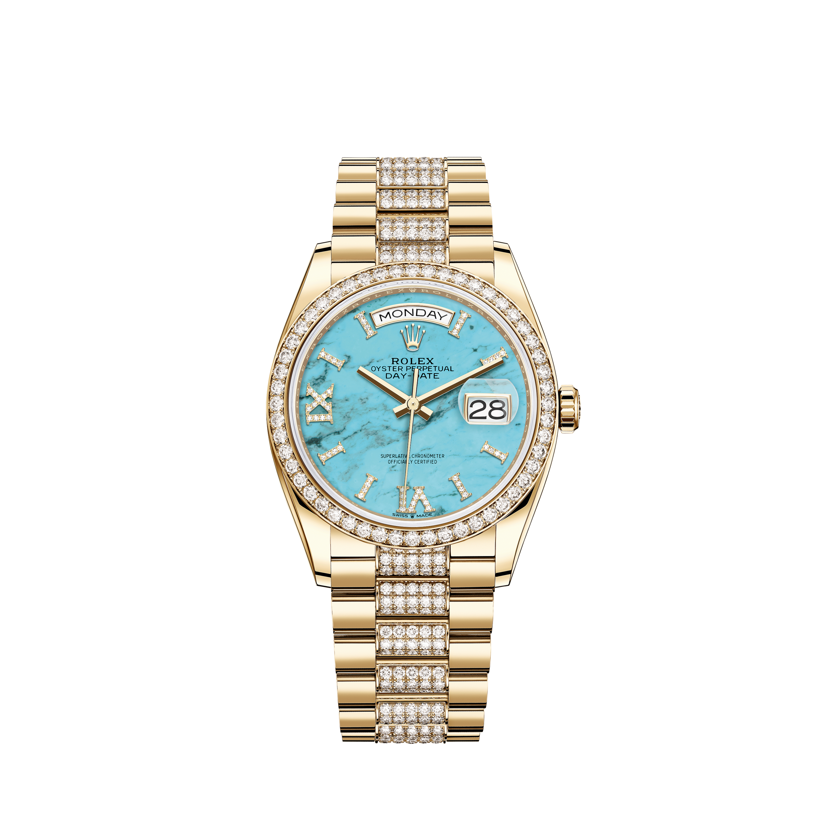 Rolex Oyster Perpetual Date 34mm Steel With 18k Fluted Bezel Silver Diamond Dial