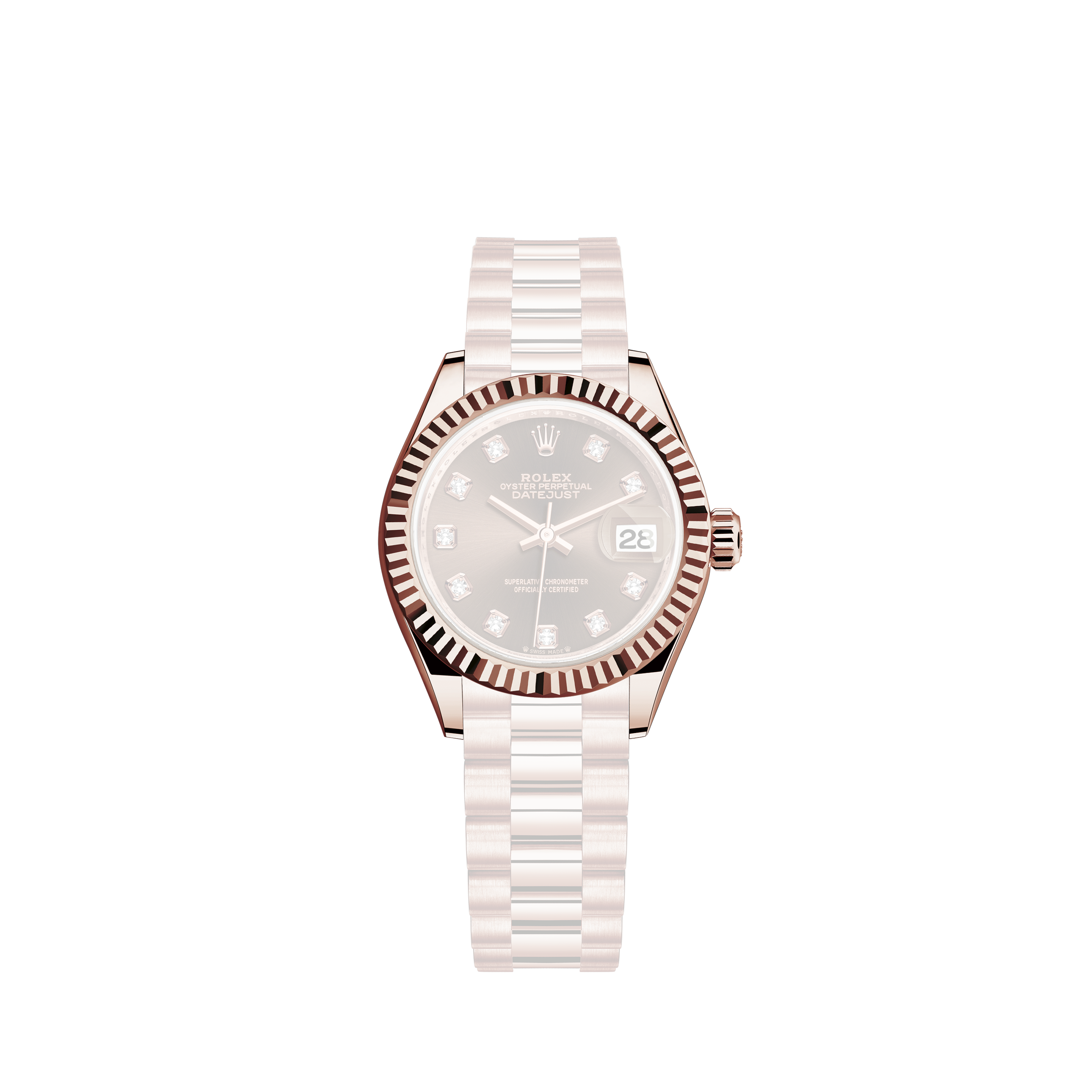 Rolex Day Date president 18kt everose gold chocolate diamond & ruby baguette diamond dial 118235Rolex Day Date ref. 1810 Rare waved Bark finish bezel