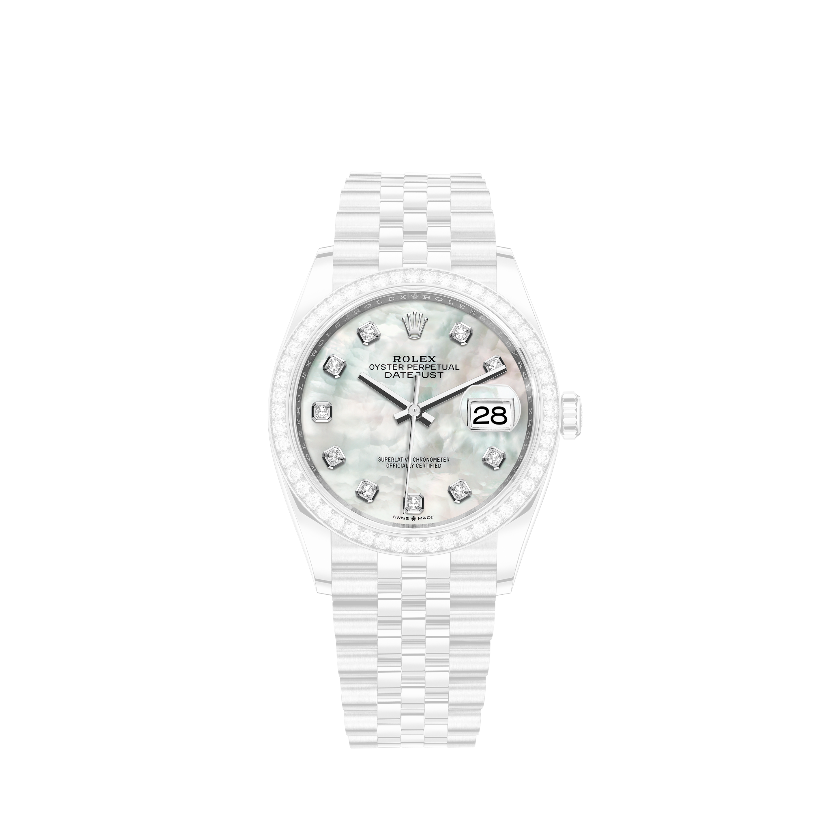 Rolex 36mm Datejust White Mother Of Pearl Face with Diamonds Two Tone Jubilee Band