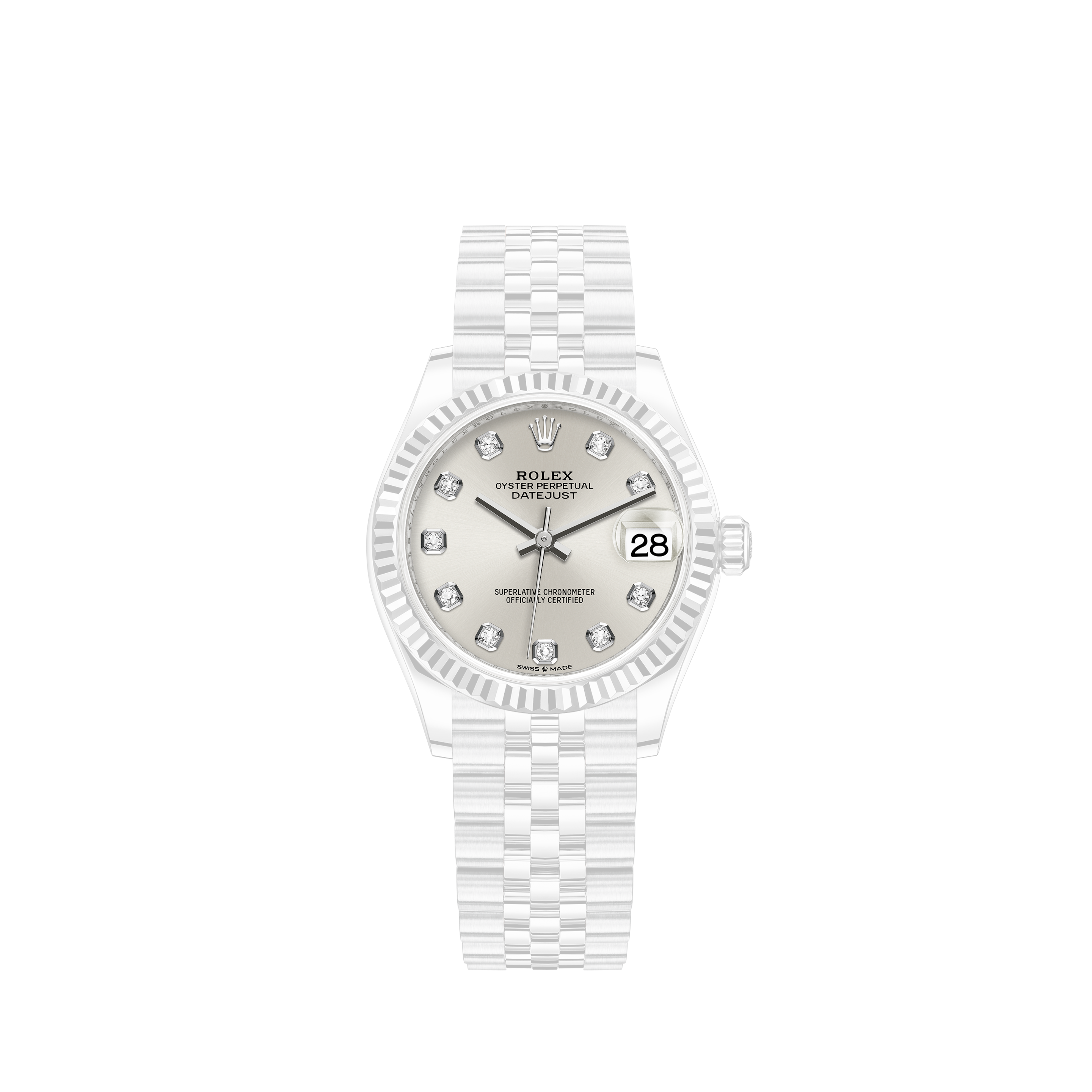 Rolex 36mm Datejust Silver String Diamond Dial Diamond Bezel & Lugs (Shoulders) 16014Rolex 36mm Datejust Silver TROPICAL-IVORY Dial 18k White Fluted Gold Bezel Jubilee Unpolished