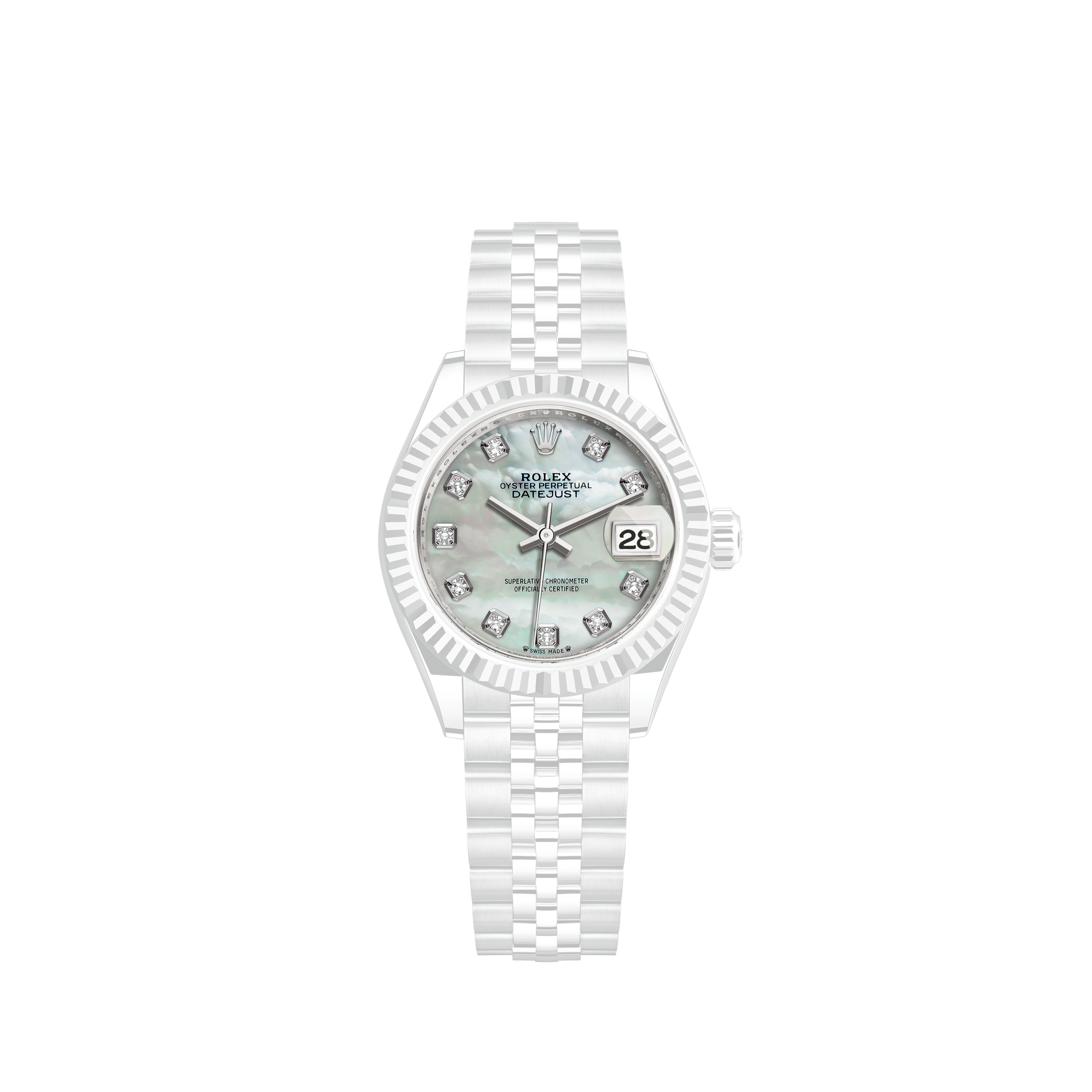 Rolex Lady-Datejust 69174 FACTORY Silver Diamond Dial 18K Gold Fluted Bezel 26mm Watch