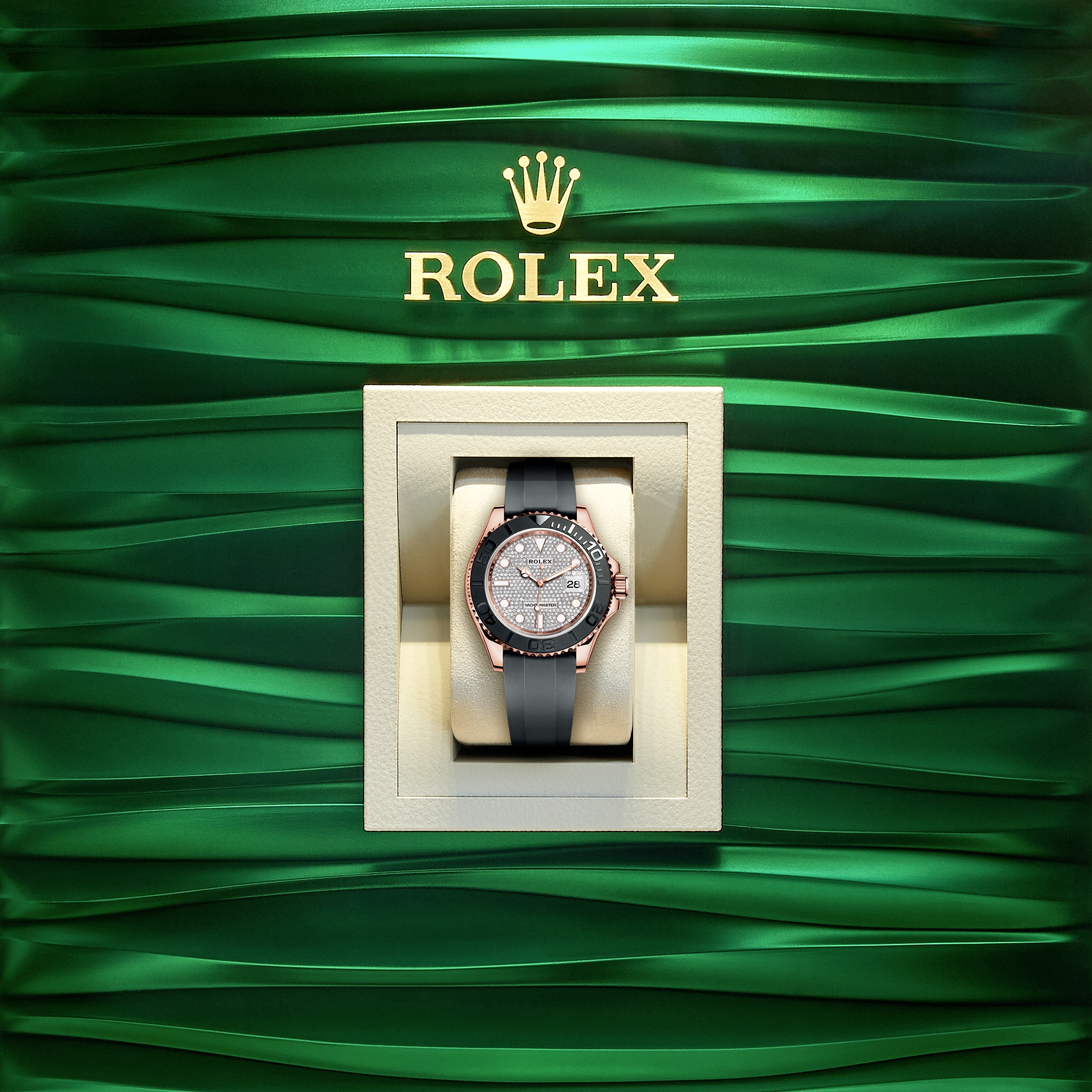 Rolex 31mm Presidential 18kt Gold Black MOP Mother of Pearl String Diamond Accent Dial Flutted Bezel 68278