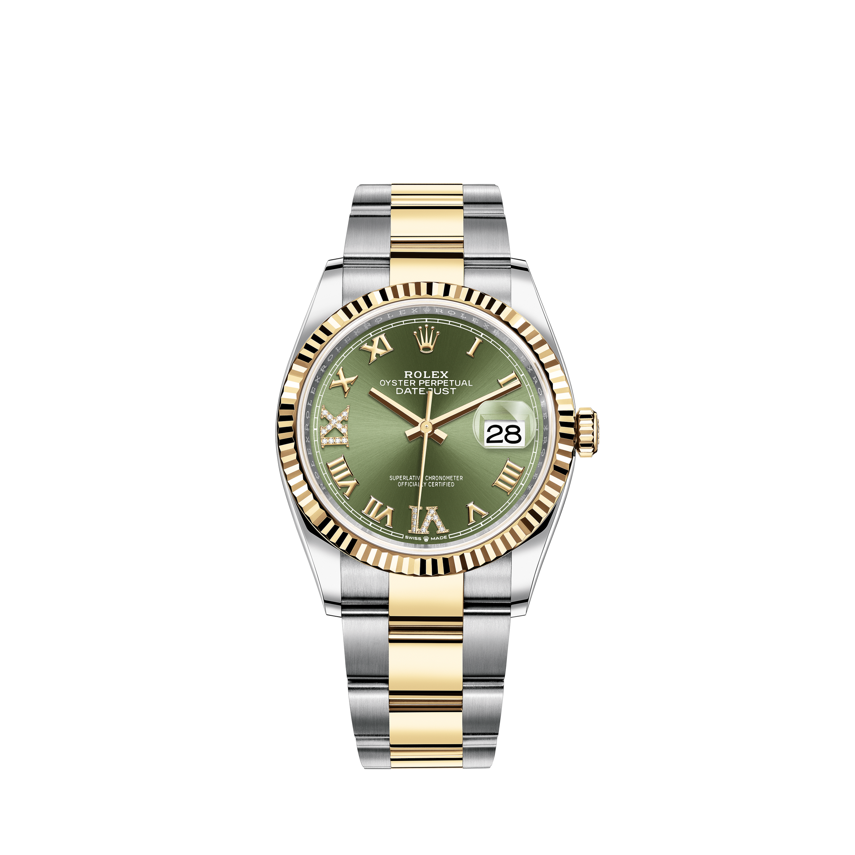 Rolex Datejust 16234 Steel 18k Fluted Bezel 36mm Watch-Green Diamond DialRolex Datejust 16234 Steel 36mm Quickset Watch-Silver Diamond Dial-18k Fluted Bezel
