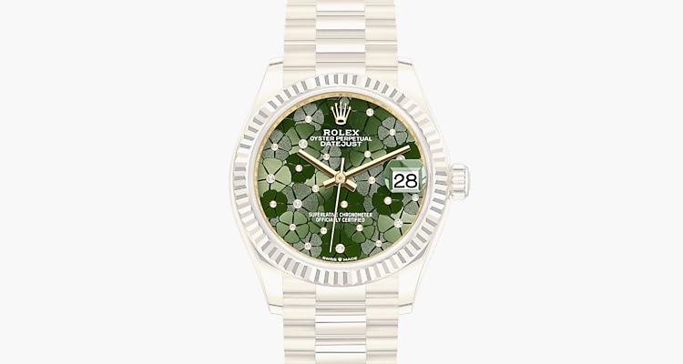 Olive green, floral motif set with diamonds