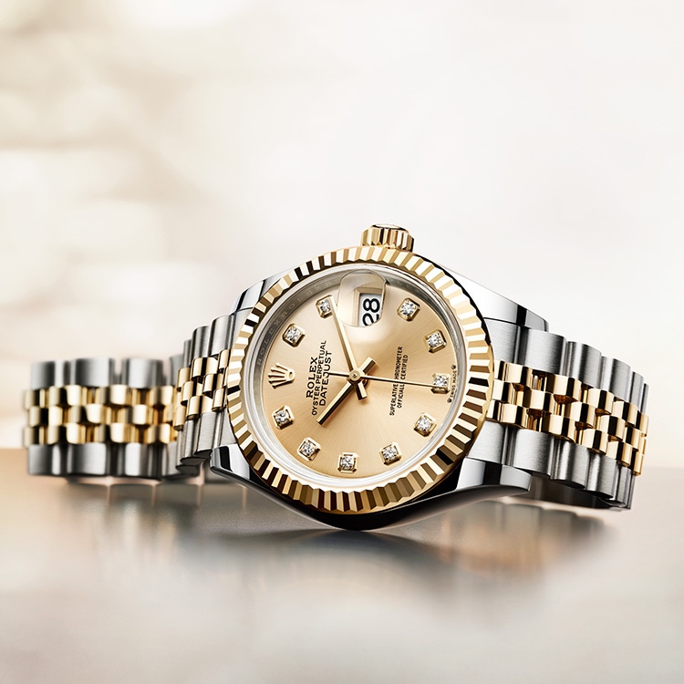 Rolex Grey Pearl Track 26 Datejust Two Tone 18K Gold + SS + Side Diamonds Oyster Band + Bezel